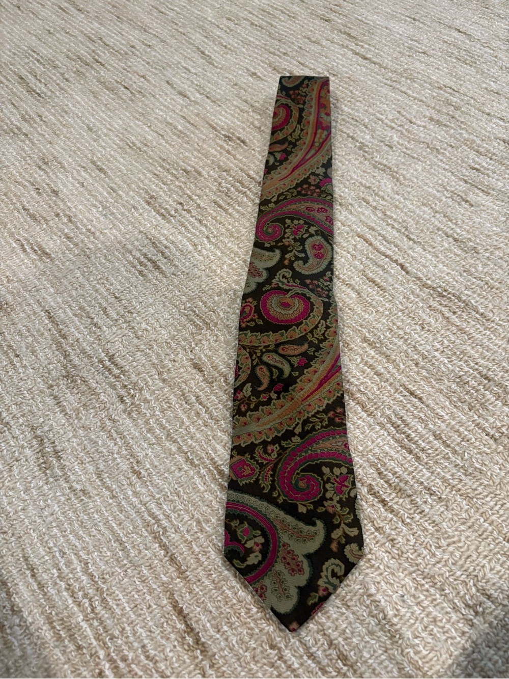 Etro Olive Paisley Silk Tie with Pink and Gold Accents